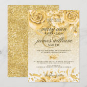 Gold Floral Glitter Sparkle Elegant Wedding Kaart (Voorkant / Achterkant)