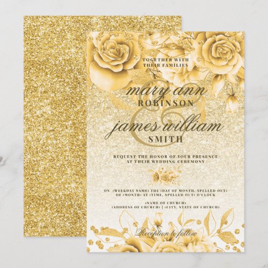 Gold Floral Glitter Sparkle Elegant Wedding Kaart (Voorkant / Achterkant)