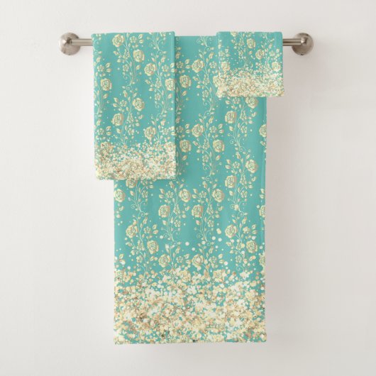 Gold Floral Glittery Glam Bad Handdoek (Insitu)