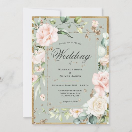 Gold Floral Green Waterverf Wedding Kaart (Voorkant)