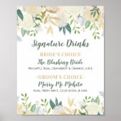 Gold Floral Greenery Wedding Signature Drinken Poster (Voorkant)