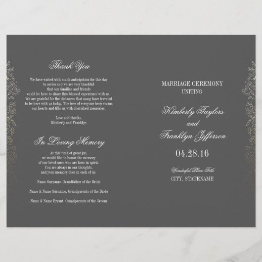 Gold  Floral Grey Wedding Programma's (Voorkant)