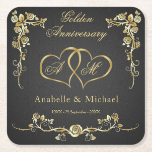 Gold Floral Hearts 50th Wedding Jubileum Kartonnen Onderzetters