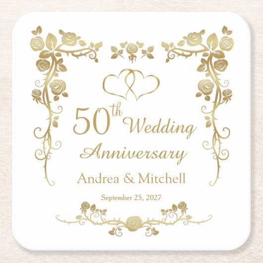Gold Floral Hearts 50th Wedding Jubileum Kartonnen Onderzetters (Voorkant)