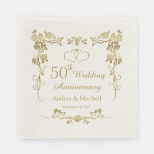 Gold Floral Hearts 50th Wedding Jubileum Servet