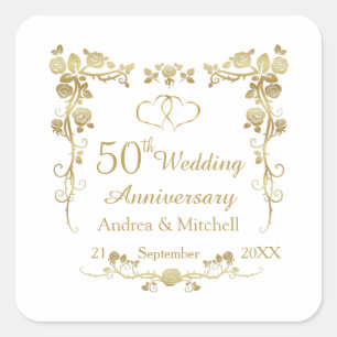 Gold Floral Hearts 50th Wedding Jubileum Squar Vierkante Sticker