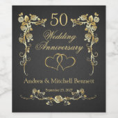 Gold Floral Hearts 50th Wedding Jubileum Wijn Etiket (Enkel label)