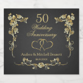 Gold Floral Hearts 50th Wedding Jubileum Wine Sparkling Wijnetiket (Enkel label)