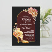 Gold Floral High Hiel Black Arch Wedding Kaart (Staand voorkant)