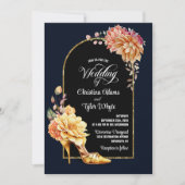 Gold Floral High Hiel Navy Blue Arch Weddenschap Kaart (Voorkant)