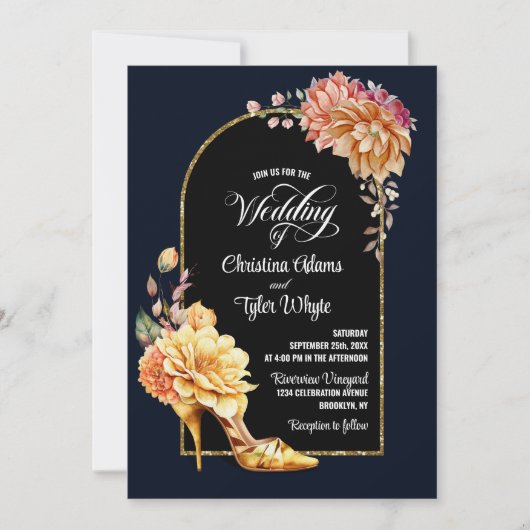 Gold Floral High Hiel Navy Blue Arch Weddenschap Kaart (Voorkant)