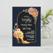 Gold Floral High Hiel Navy Blue Arch Weddenschap Kaart (Staand voorkant)