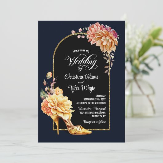 Gold Floral High Hiel Navy Blue Arch Weddenschap Kaart (Staand voorkant)