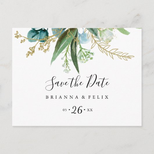 Gold Floral Horizontaal opslaan Datum Briefkaart (Voorkant)