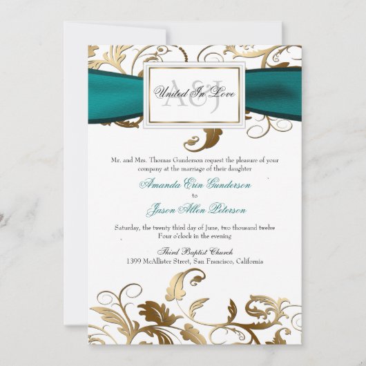 Gold Floral Invite met Blauwgroen Bow Kaart (Voorkant)