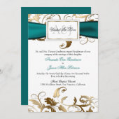 Gold Floral Invite met Blauwgroen Bow Kaart (Voorkant / Achterkant)