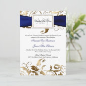 Gold Floral Invite met Navy Bow Kaart (Staand voorkant)