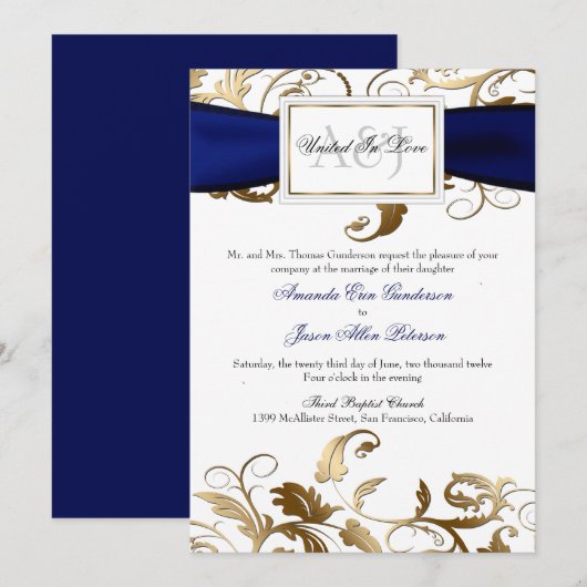 Gold Floral Invite met Navy Bow Kaart (Voorkant / Achterkant)