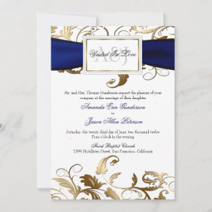 Gold Floral Invite met Navy Bow Kaart