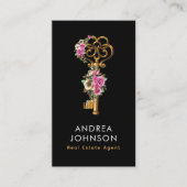 Gold Floral Key Logo Real Estate Voeg QR Code Foto Visitekaartje (Voorkant)