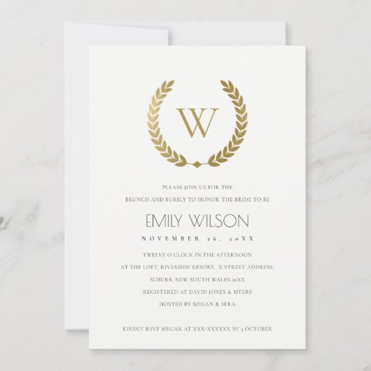GOLD FLORAL LAUREL WREATH BRUNCH & BUBBLY INVITE BEDANKKAART (Voorkant)