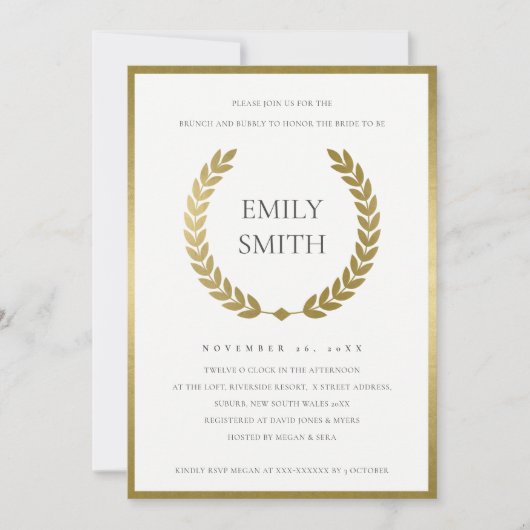 GOLD FLORAL LAUREL WREATH BRUNCH & BUBBLY INVITE BEDANKKAART (Voorkant)