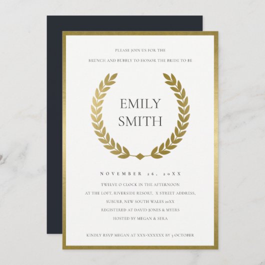 GOLD FLORAL LAUREL WREATH BRUNCH & BUBBLY INVITE BEDANKKAART (Voorkant / Achterkant)
