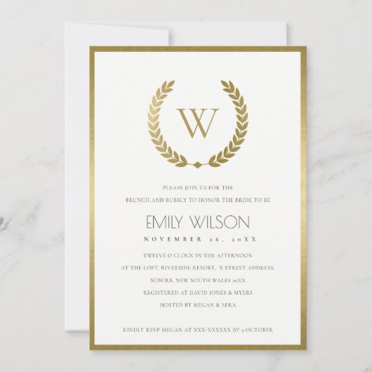 GOLD FLORAL LAUREL WREATH BRUNCH & BUBBLY INVITE BEDANKKAART (Voorkant)