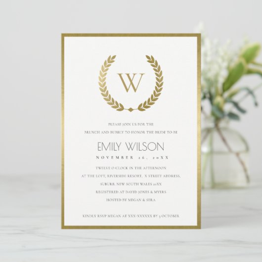 GOLD FLORAL LAUREL WREATH BRUNCH & BUBBLY INVITE BEDANKKAART (Staand voorkant)