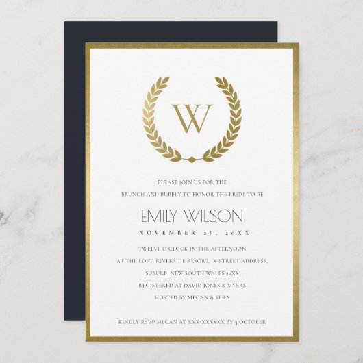 GOLD FLORAL LAUREL WREATH BRUNCH & BUBBLY INVITE BEDANKKAART (Voorkant / Achterkant)