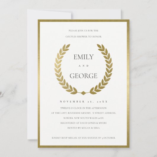 GOLD FLORAL LAUREL WREATH COUPLY SHOWER INVITE BEDANKKAART (Voorkant)