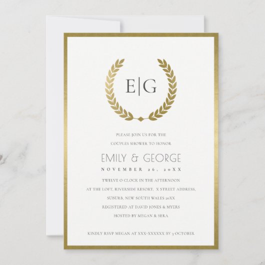 GOLD FLORAL LAUREL WREATH COUPLY SHOWER INVITE BEDANKKAART (Voorkant)