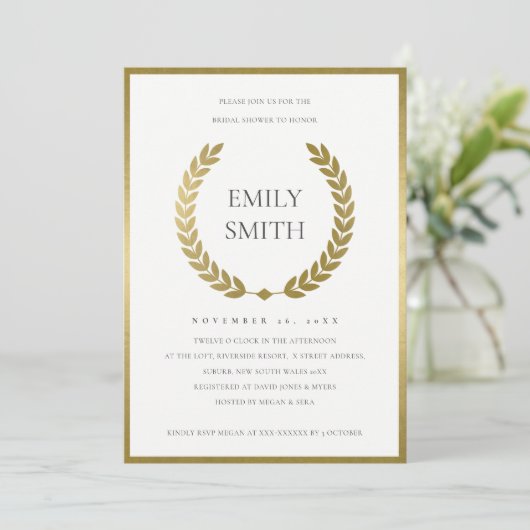 GOLD FLORAL LAUREL WREATH VRIJGEZELLENFEEST INVITE BEDANKKAART (Staand voorkant)