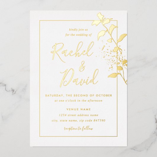 Gold Floral Leaf Wedding Folie Uitnodiging (Voorkant)