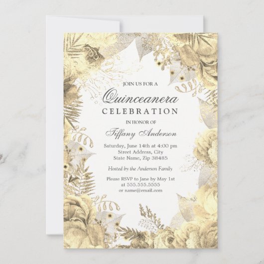 Gold Floral Leaf Wreath Quinceanera Invite Kaart (Voorkant)