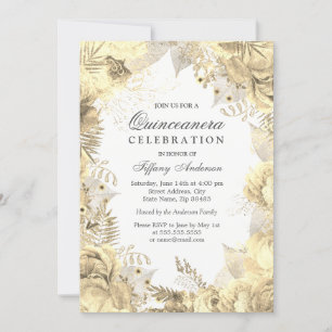 Gold Floral Leaf Wreath Quinceanera Invite Kaart