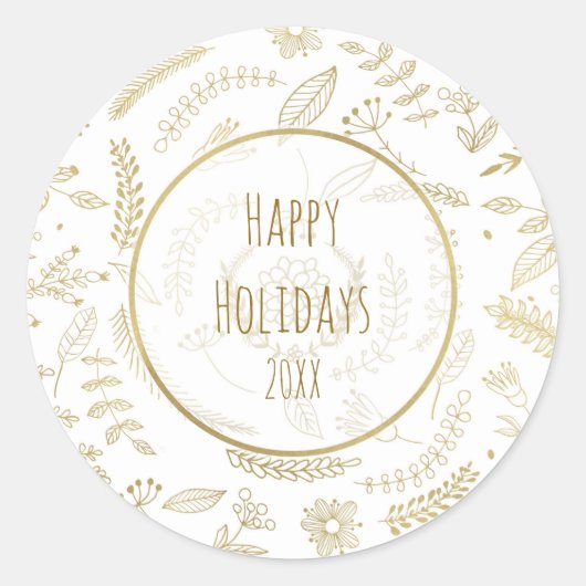 Gold Floral Leaves Rustige kerstfeestdag Ronde Sticker (Voorkant)