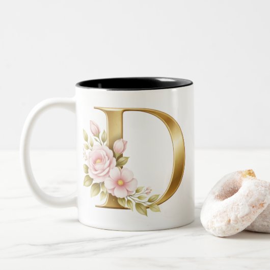 Gold Floral Letter D Logo Tweekleurige Koffiemok (Met donut)