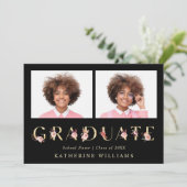 Gold Floral Letter Graduation Party Foto Kaart (Staand voorkant)