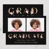 Gold Floral Letter Graduation Party Foto Kaart (Voorkant / Achterkant)