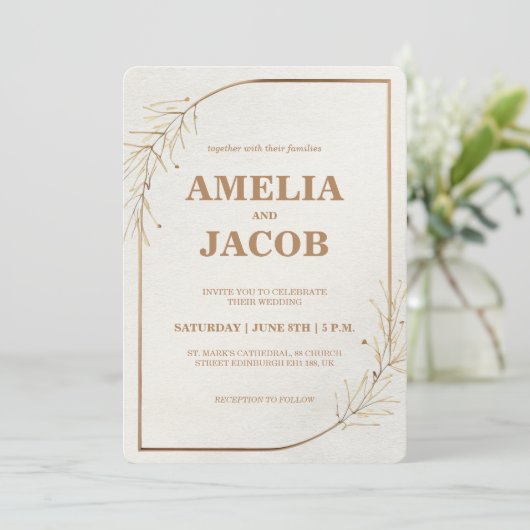 Gold Floral Lijst bruiloft uitnodiging (Staand voorkant)