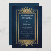 Gold Floral Lijst Navy bruiloft uitnodiging (Voorkant / Achterkant)