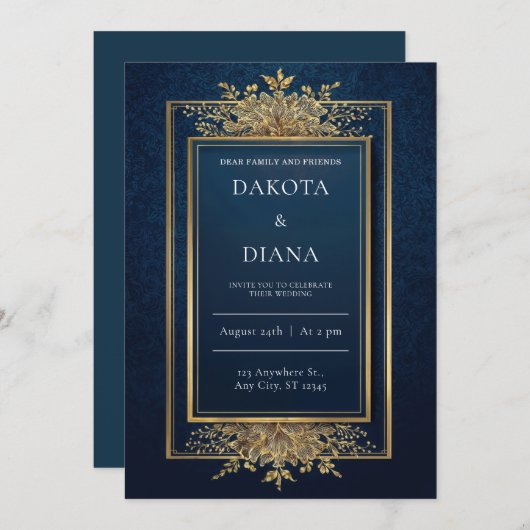 Gold Floral Lijst Navy bruiloft uitnodiging (Voorkant / Achterkant)