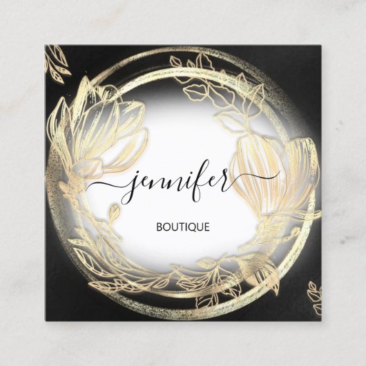 Gold Floral Lijst QRCode Logo Black White Vierkante Visitekaartje (Voorkant)