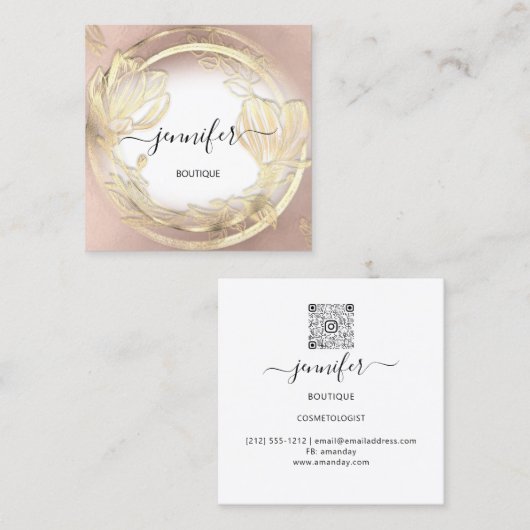 Gold Floral Lijst QRCode Logo White Vierkante Visitekaartje (Voorkant / Achterkant)