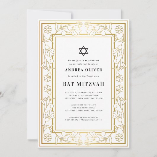Gold Floral Lijst Star van David Bar Bat Mitzvah Kaart (Voorkant)