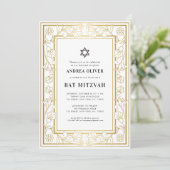 Gold Floral Lijst Star van David Bar Bat Mitzvah Kaart (Staand voorkant)