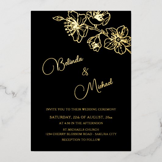 Gold Floral Line Art | Photo Wedding Folie Uitnodiging (Voorkant)