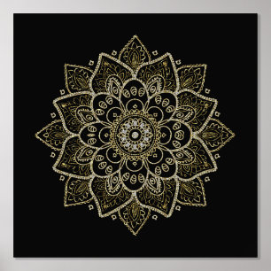 Gold Floral Mandala op zwart Folie Afdrukken