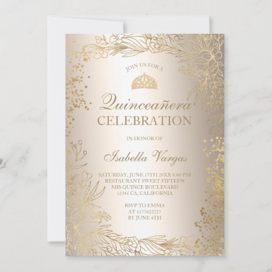 Gold floral metallic foto Tiara chic Quinceañera Kaart (Voorkant)